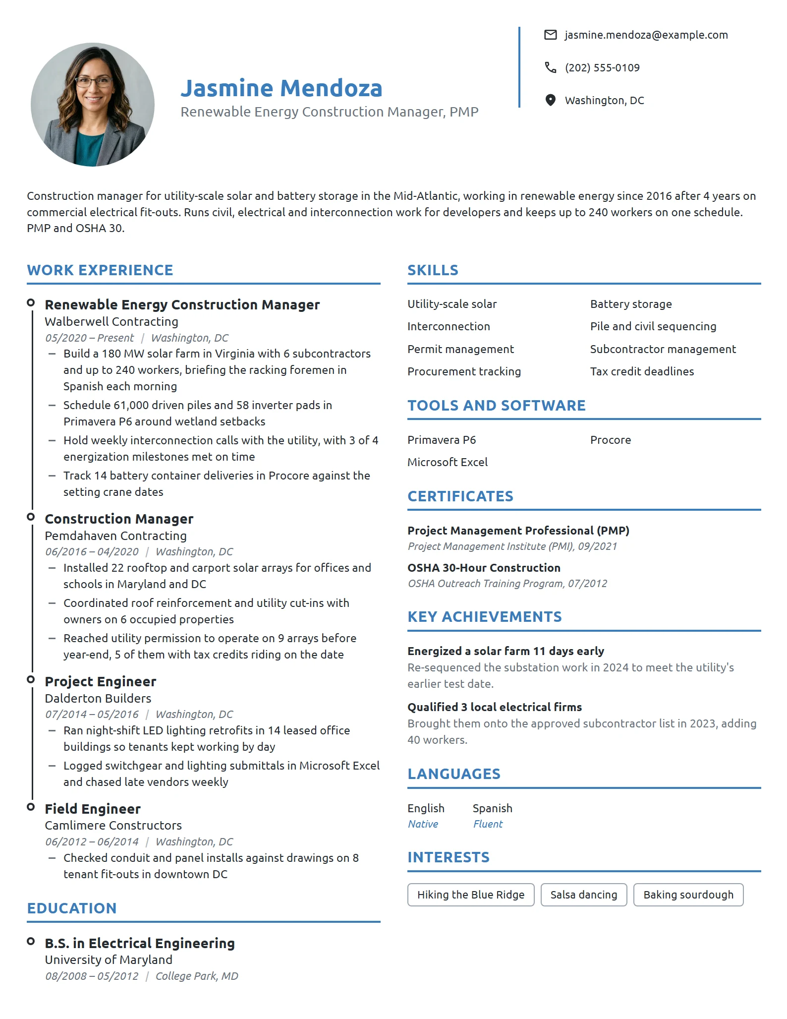 Renewable Energy Construction Manager resume example