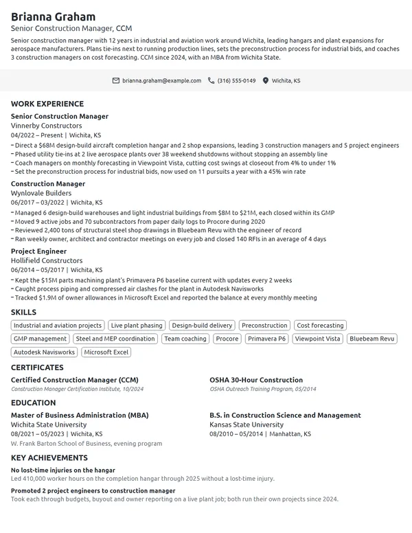 Senior Construction Manager resume example