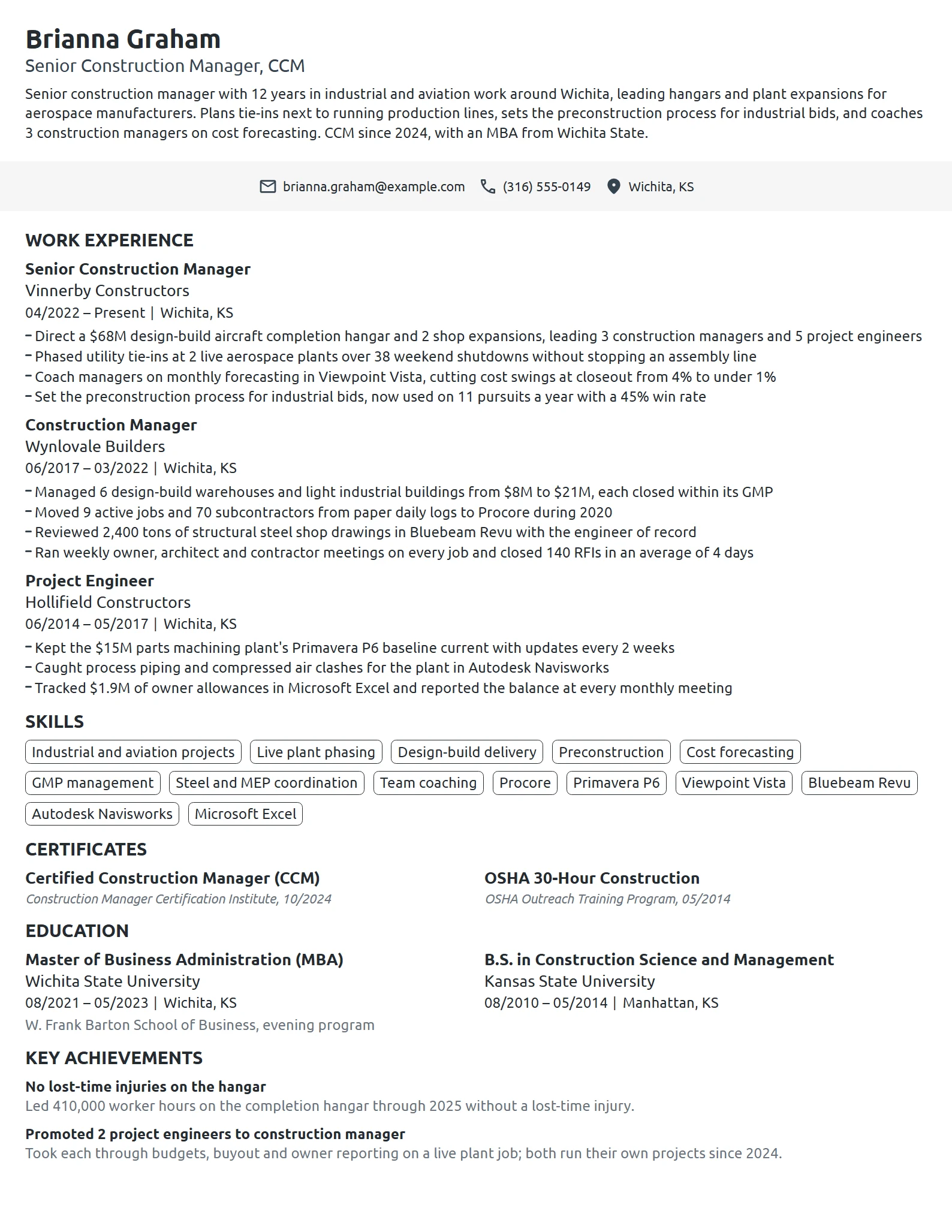 Senior Construction Manager resume example