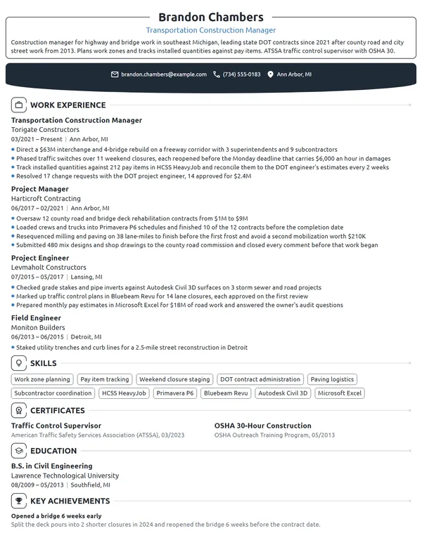 Transportation Construction Manager resume example