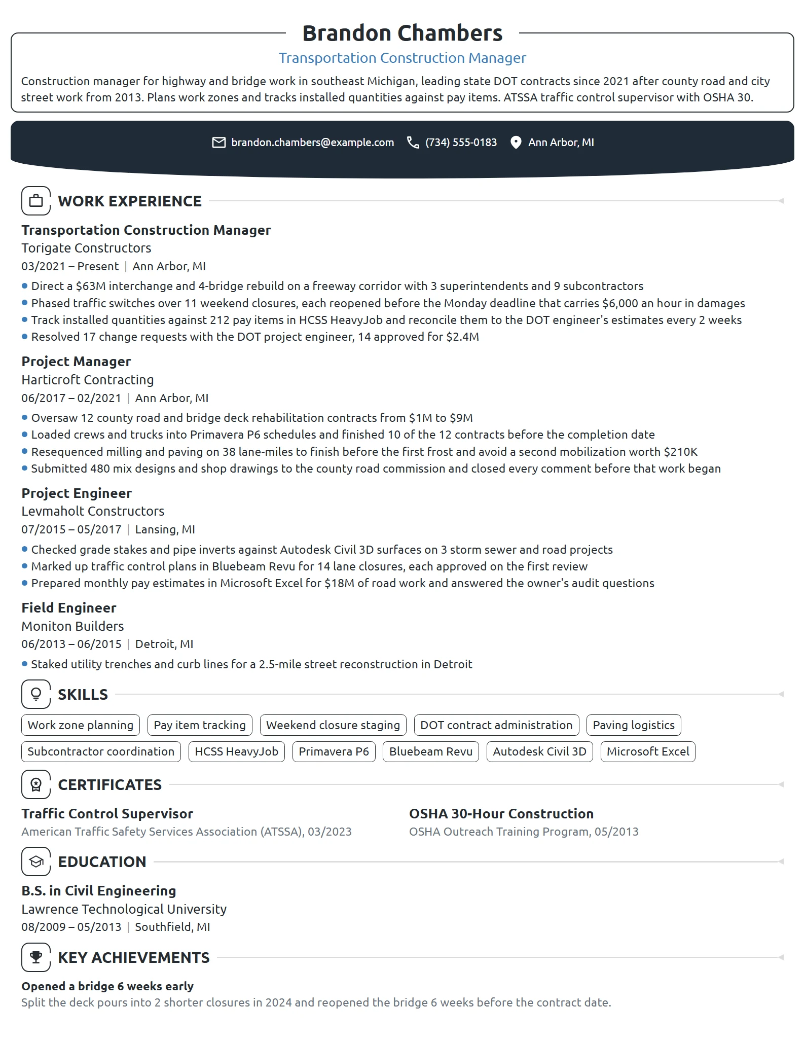 Transportation Construction Manager resume example