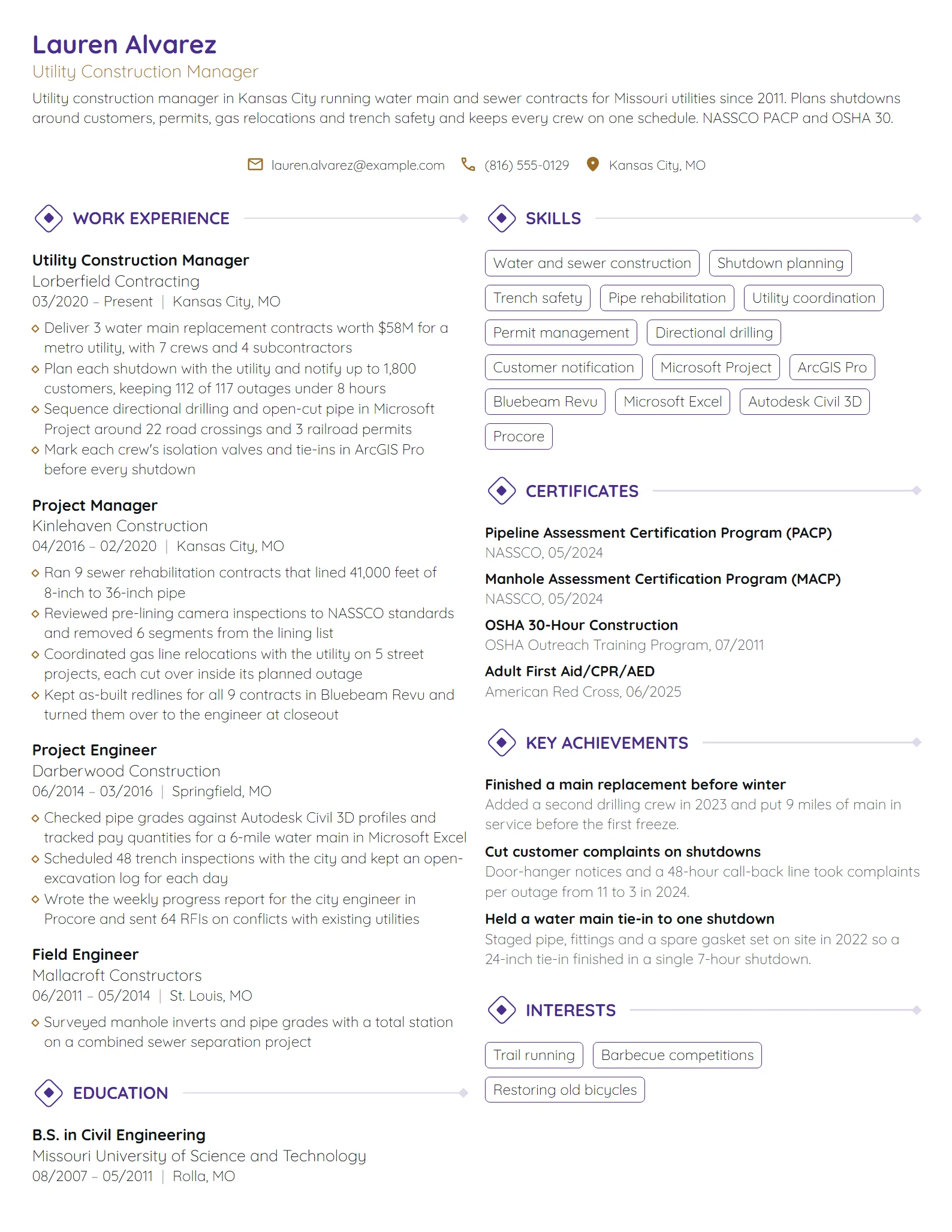 Utility Construction Manager resume example