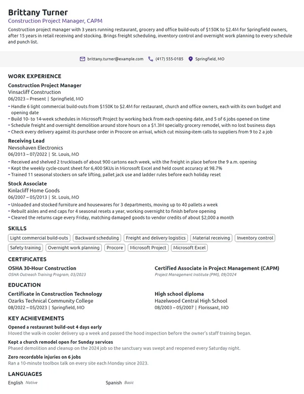 Career Change Construction Project Manager resume example