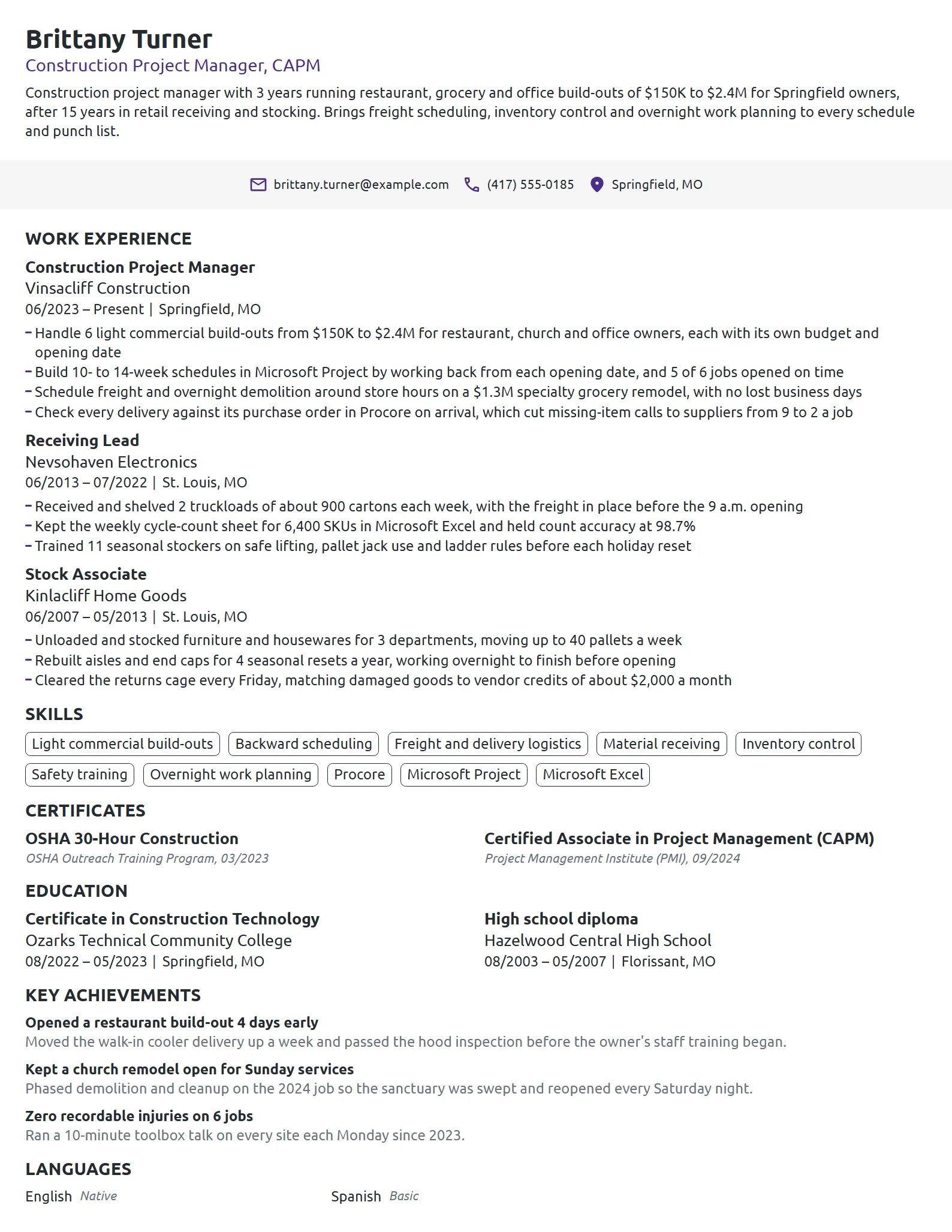 Career Change Construction Project Manager resume example