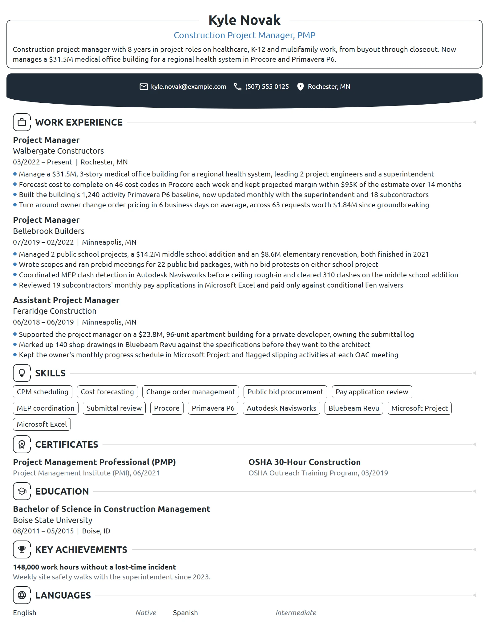 Construction Project Manager resume example