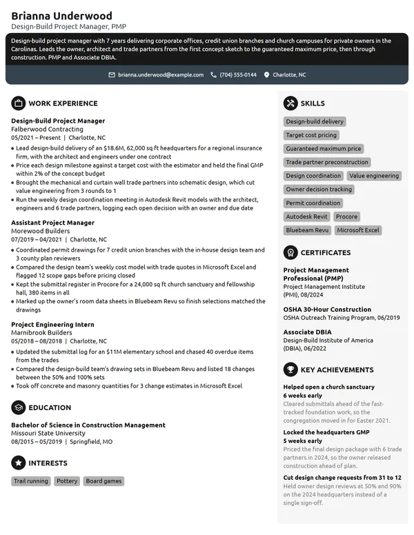 Design-Build Project Manager resume example