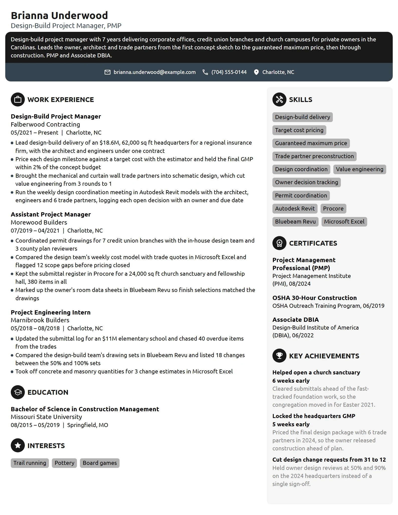 Design-Build Project Manager resume example