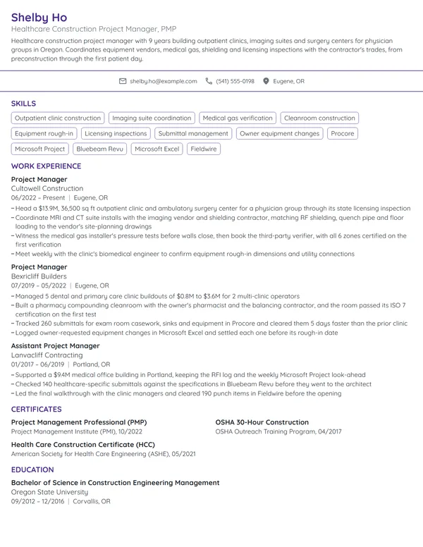 Healthcare Construction Project Manager resume example