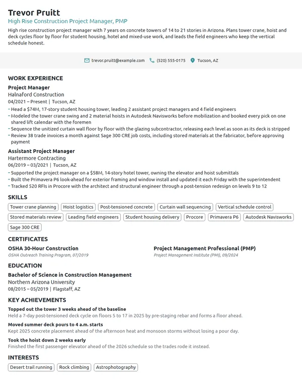 High Rise Construction Project Manager resume example