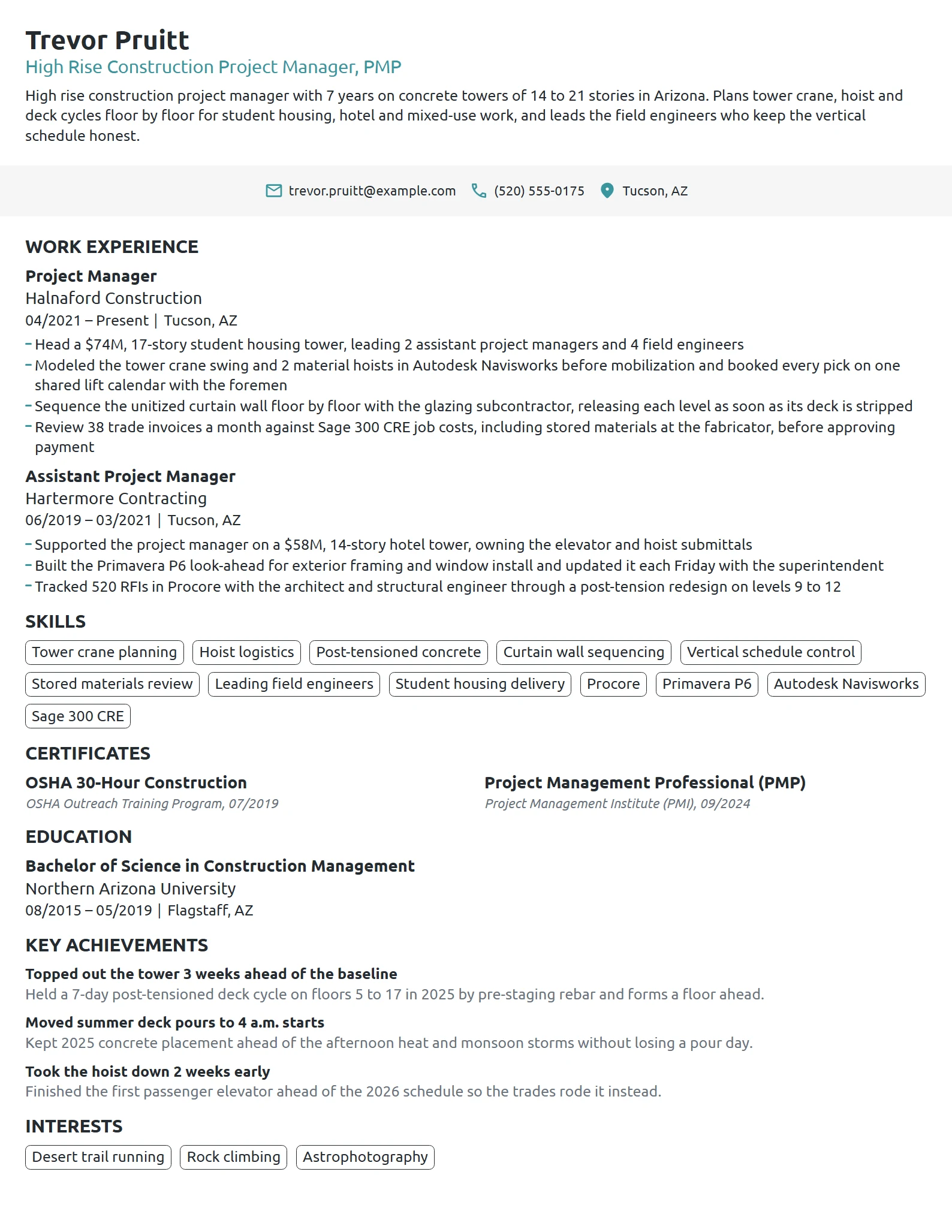High Rise Construction Project Manager resume example