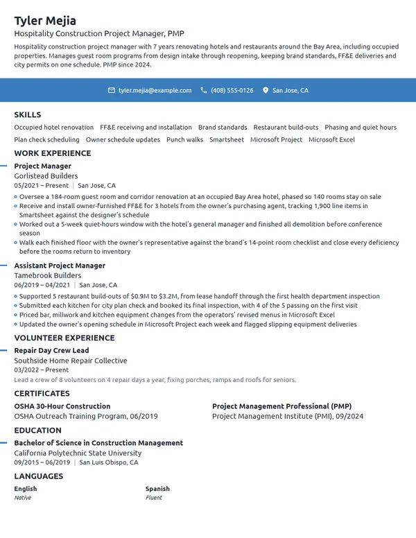 Hospitality Construction Project Manager resume example