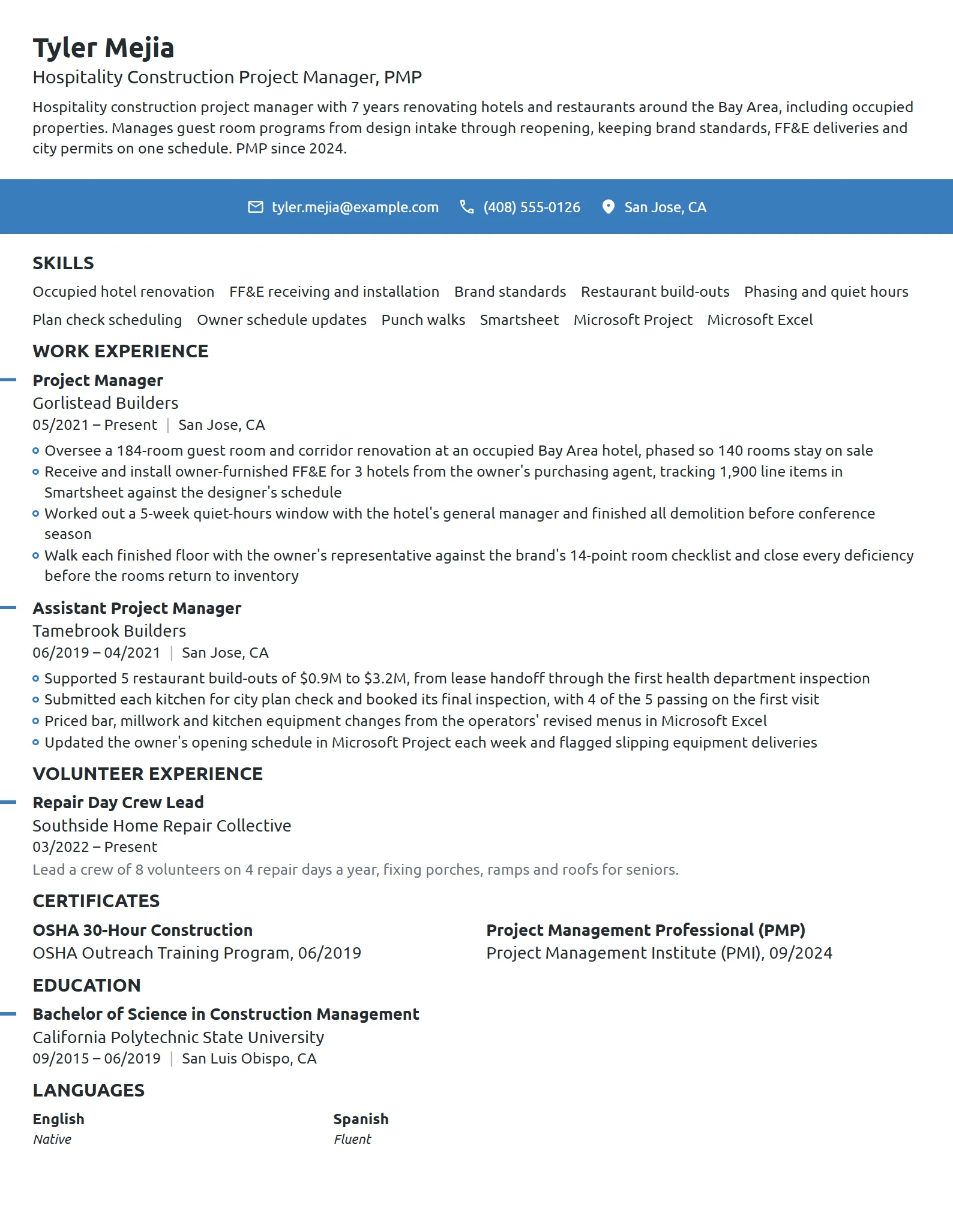 Hospitality Construction Project Manager resume example
