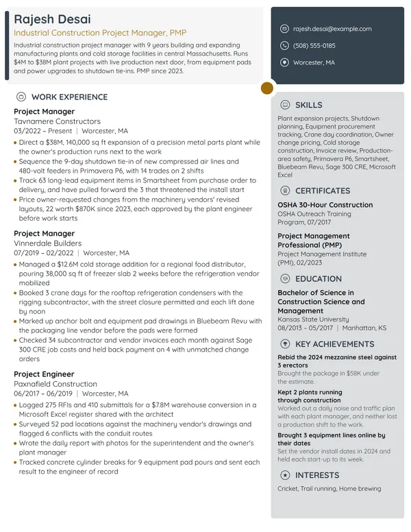 Industrial Construction Project Manager resume example