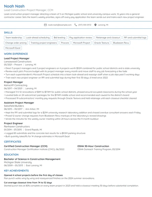 Lead Construction Project Manager resume example