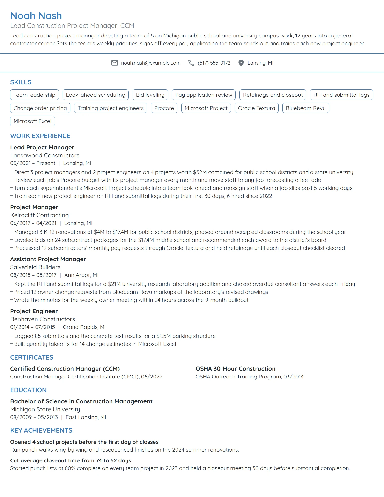 Lead Construction Project Manager resume example