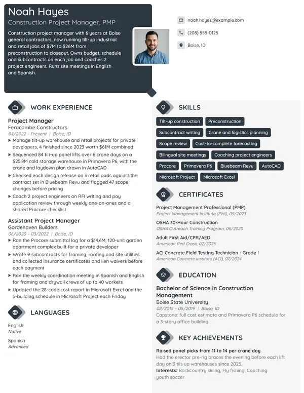 Mid-Level Construction Project Manager resume example