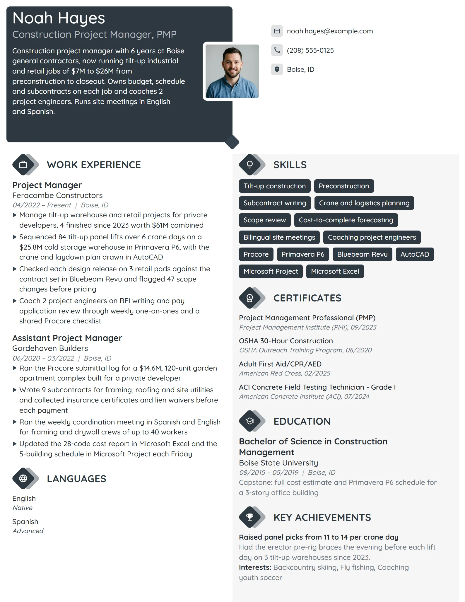 Mid-Level Construction Project Manager resume example