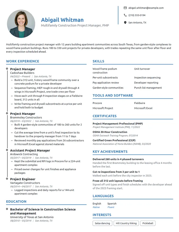 Multifamily Construction Project Manager resume example
