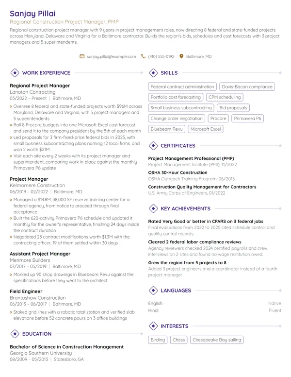 Regional Construction Project Manager resume example