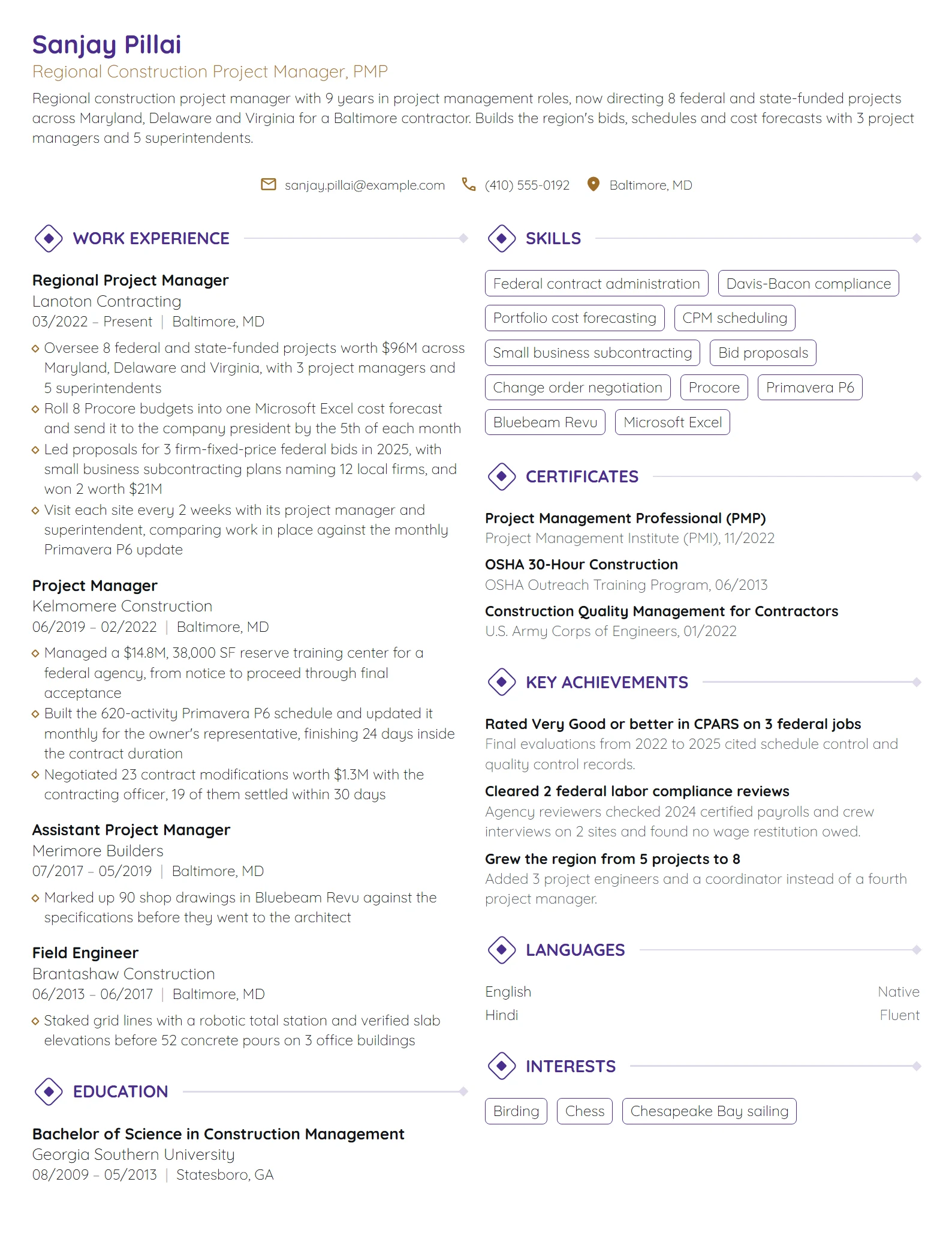 Regional Construction Project Manager resume example