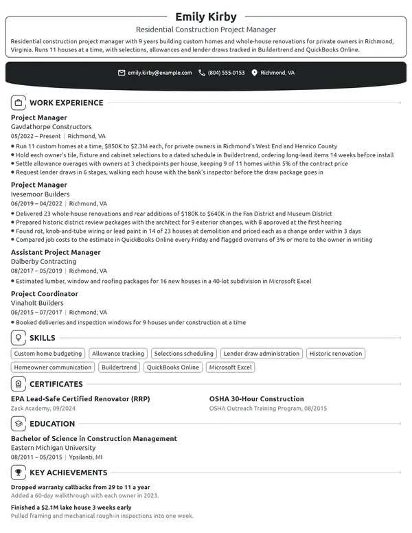 Residential Construction Project Manager resume example