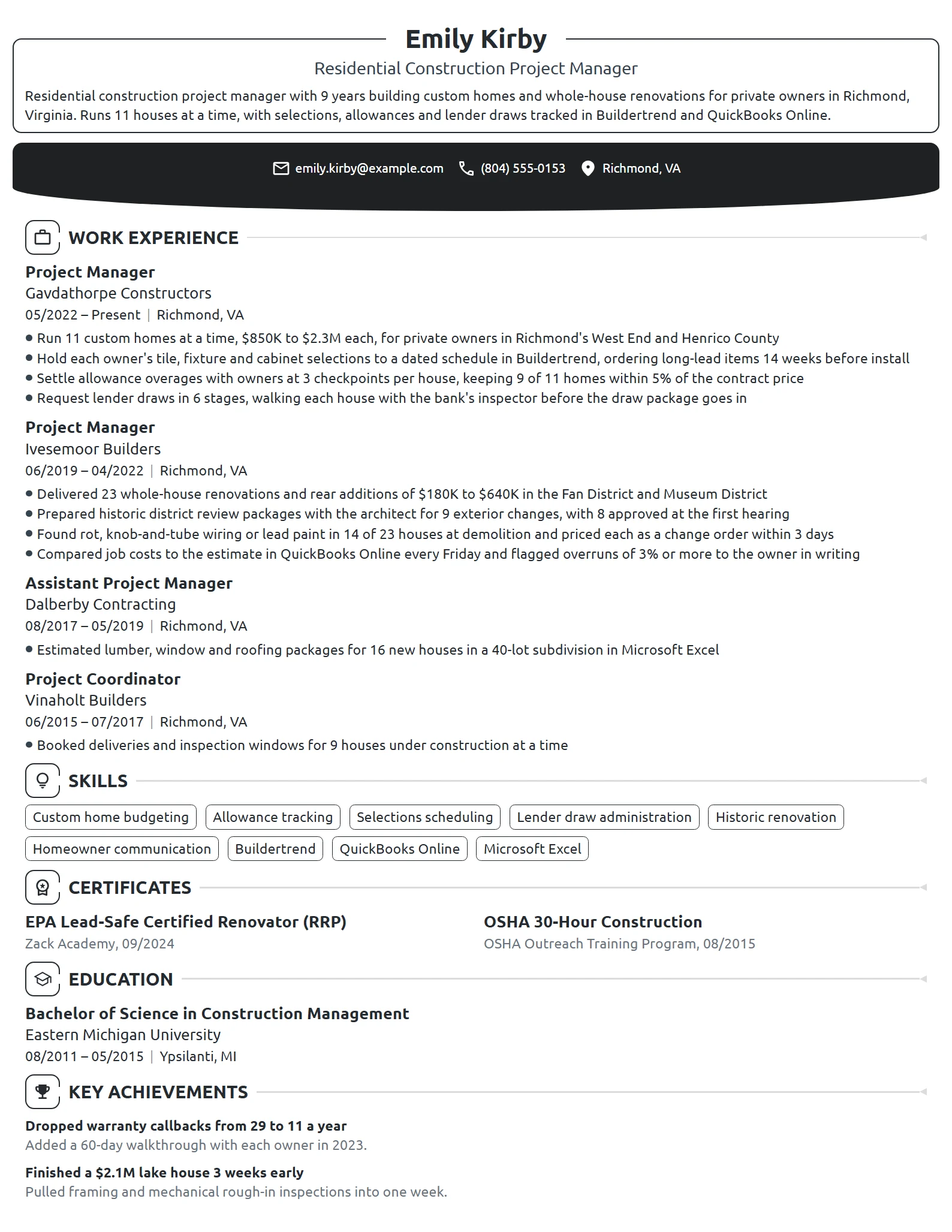 Residential Construction Project Manager resume example