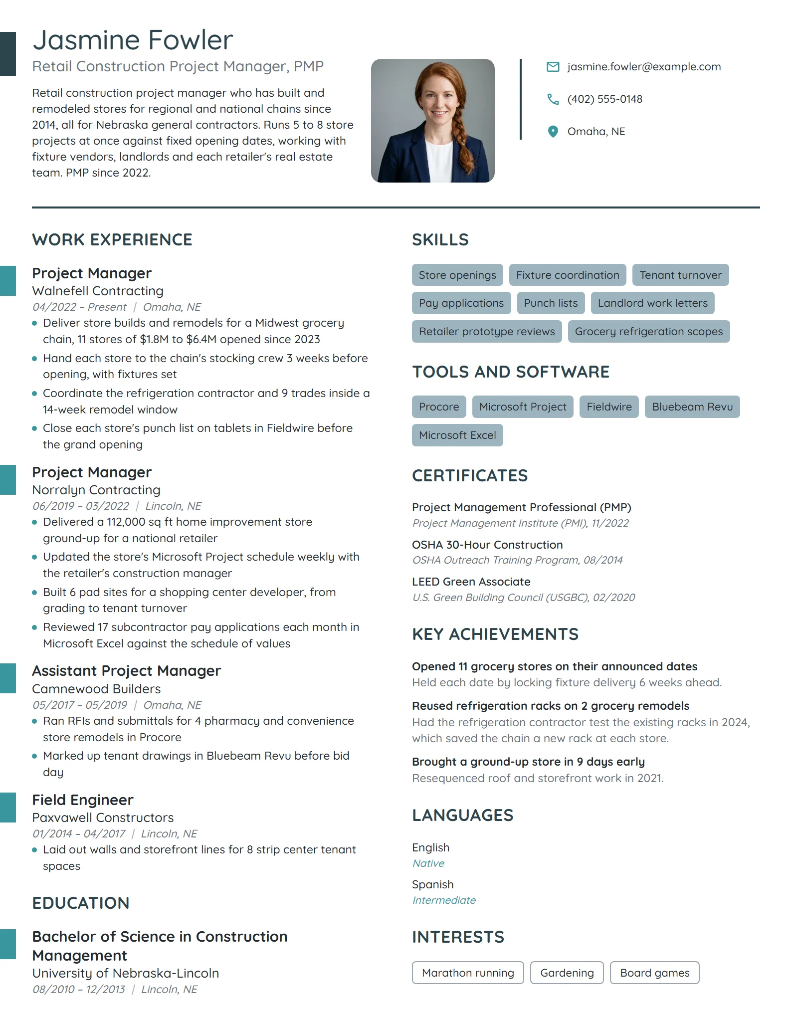 Retail Construction Project Manager resume example