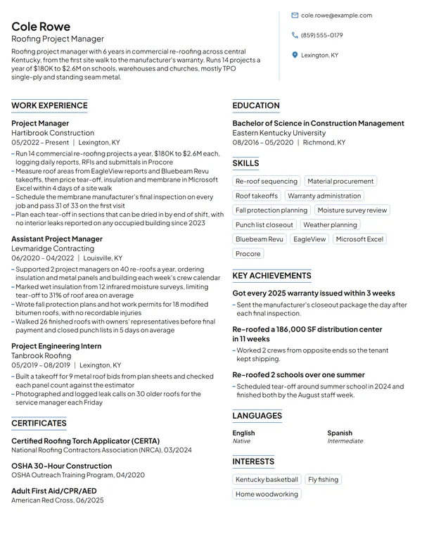 Roofing Project Manager resume example