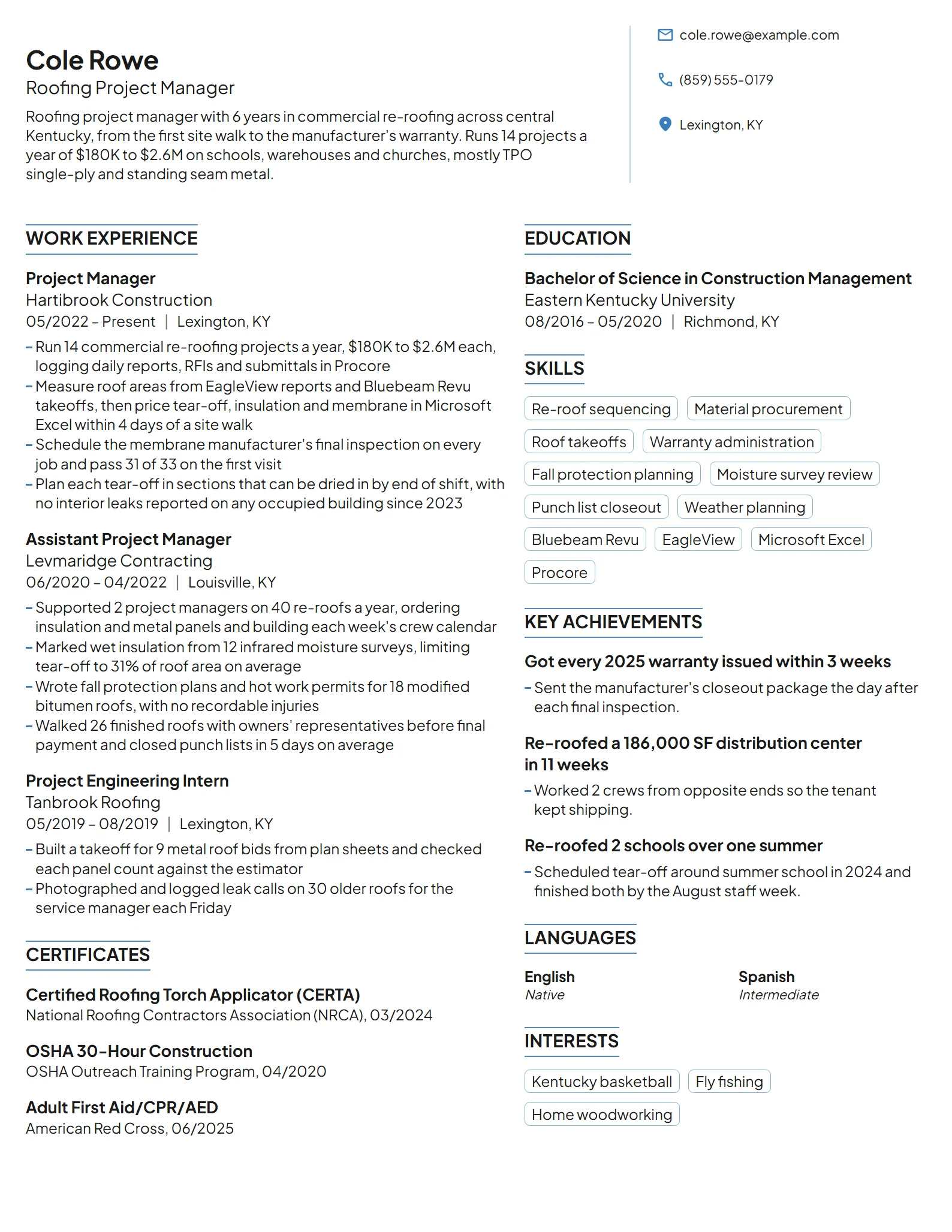 Roofing Project Manager resume example