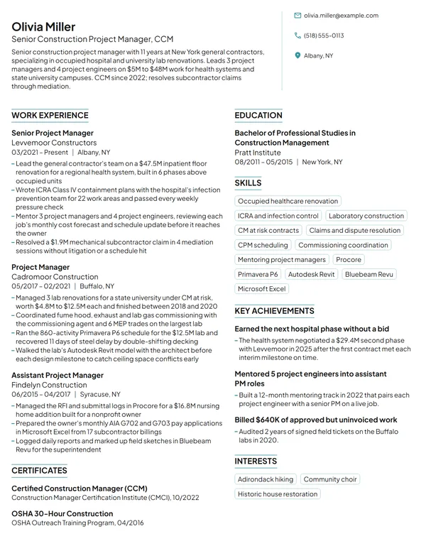 Senior Construction Project Manager resume example
