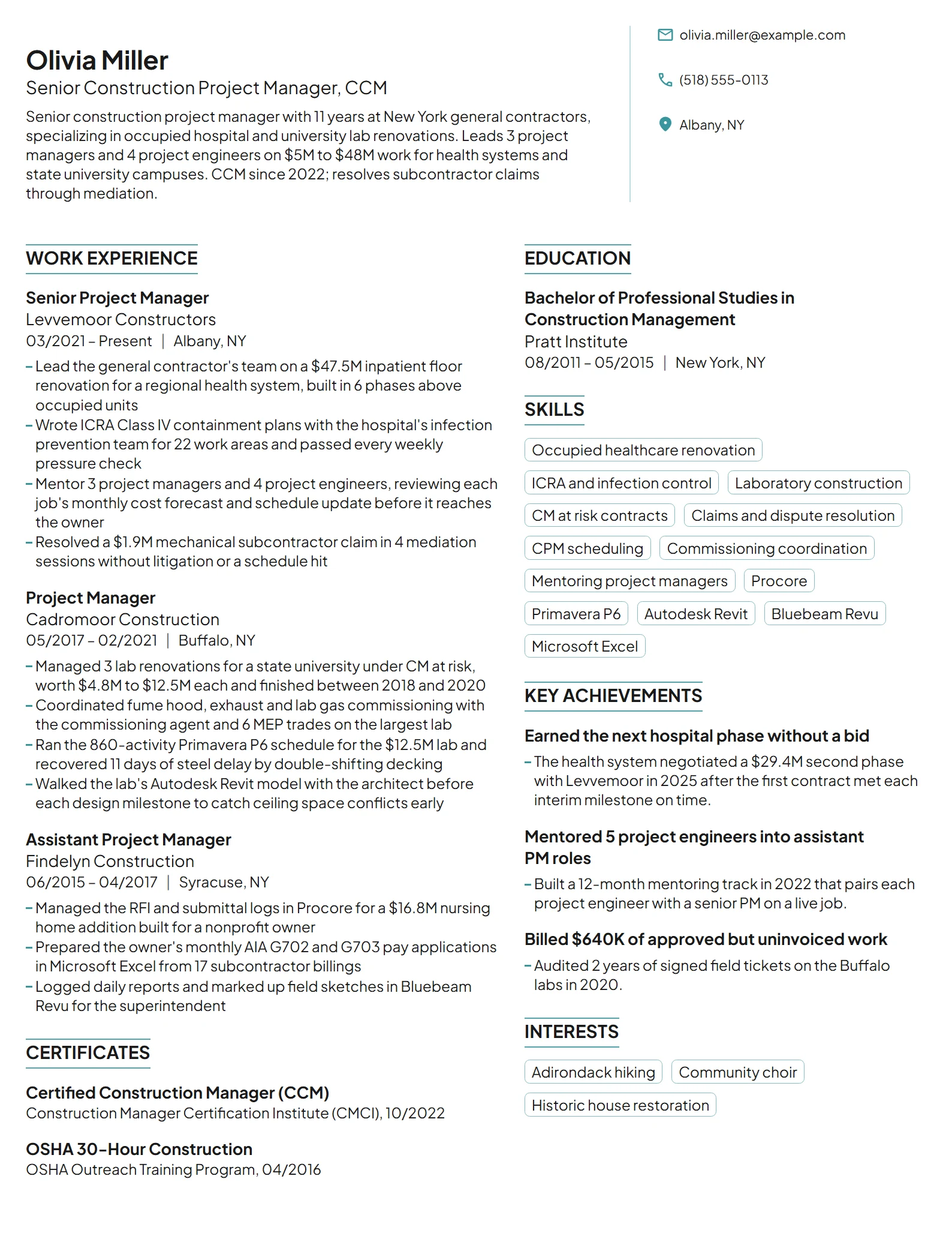 Senior Construction Project Manager resume example