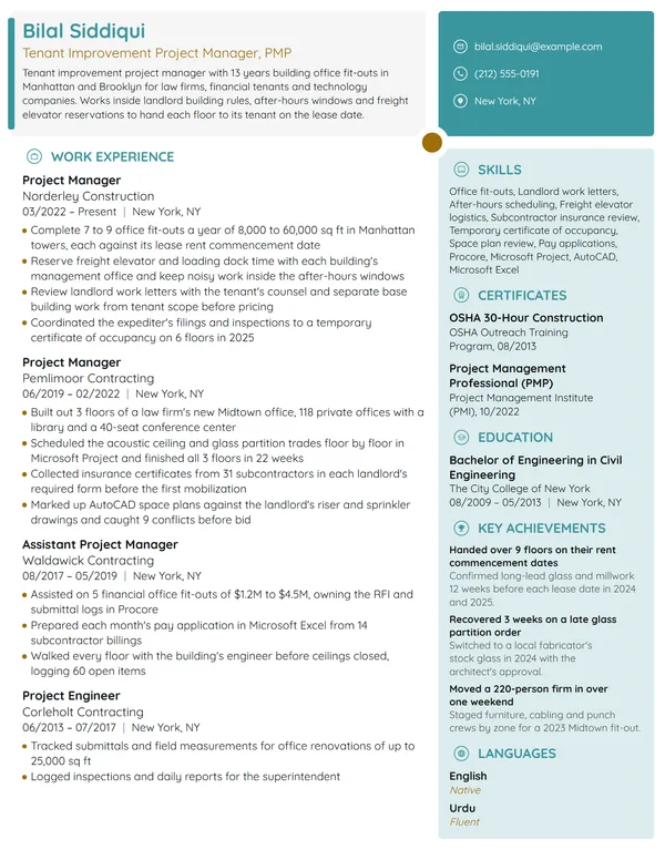 Tenant Improvement Project Manager resume example