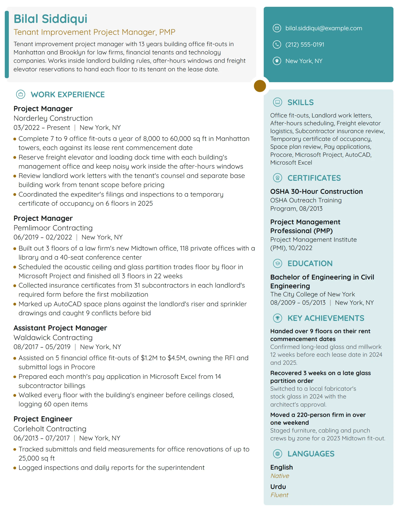 Tenant Improvement Project Manager resume example