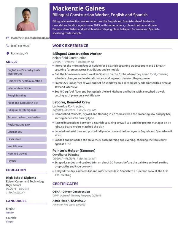 Bilingual Construction Worker resume example
