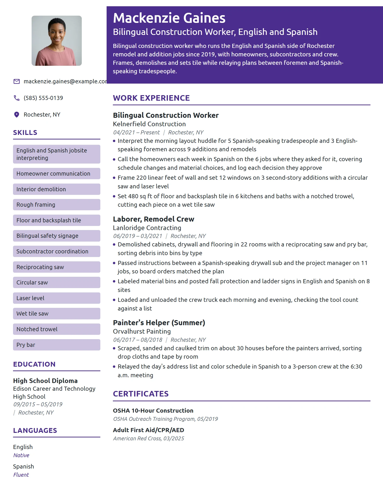 Bilingual Construction Worker resume example
