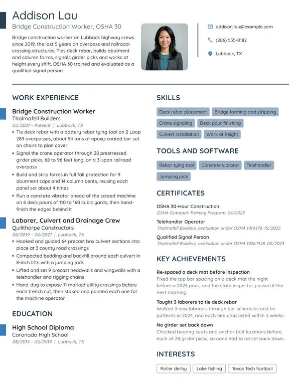 Bridge Construction Worker resume example