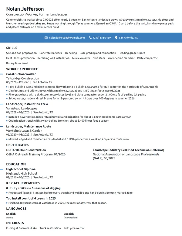 Career Change Construction Worker resume example