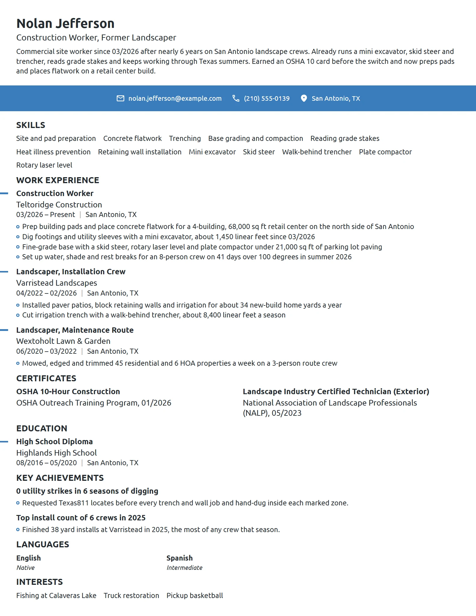 Career Change Construction Worker resume example