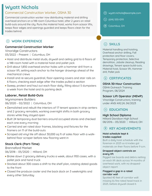 Commercial Construction Worker resume example