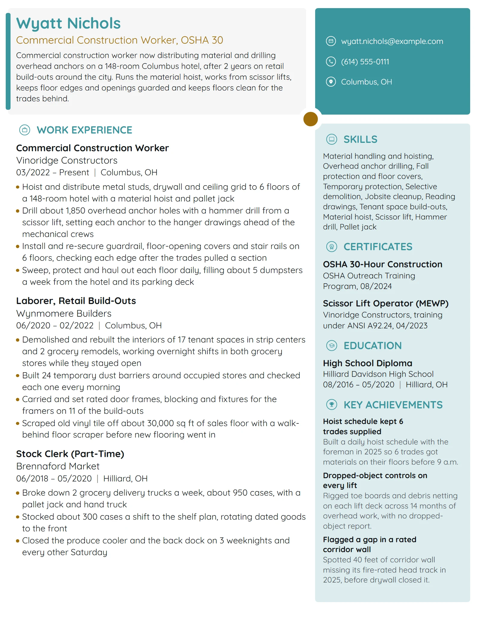 Commercial Construction Worker resume example