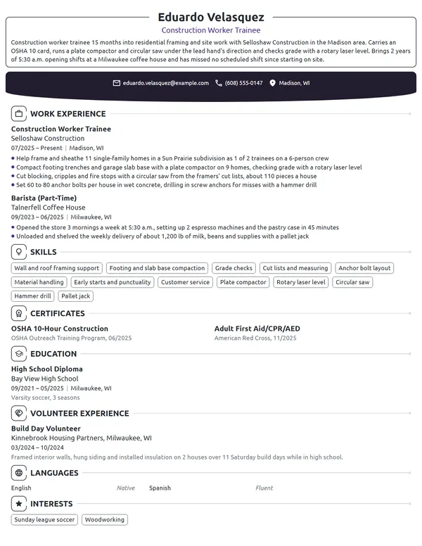 Construction Worker Trainee resume example