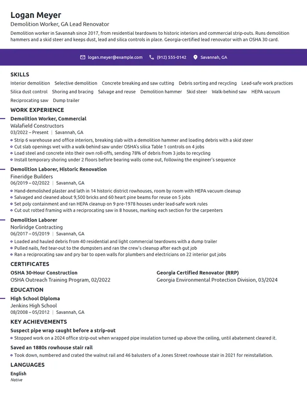 Demolition Construction Worker resume example