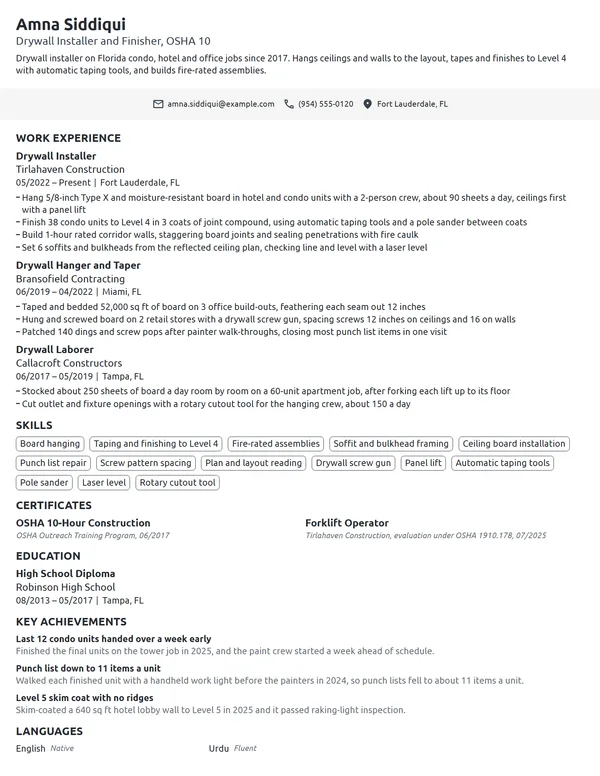 Drywall Installer resume example