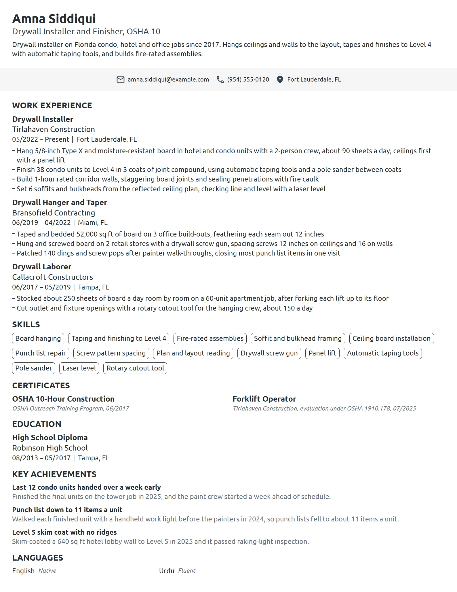 Drywall Installer resume example