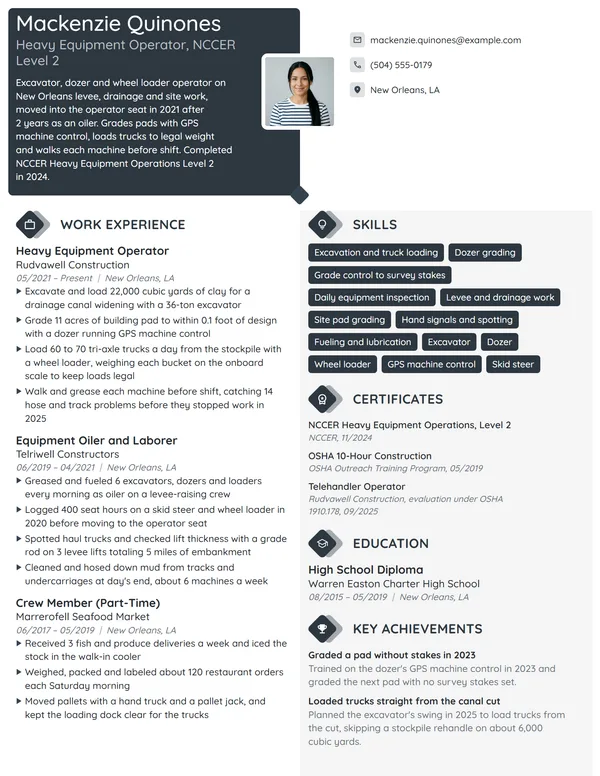 Heavy Equipment Operator resume example