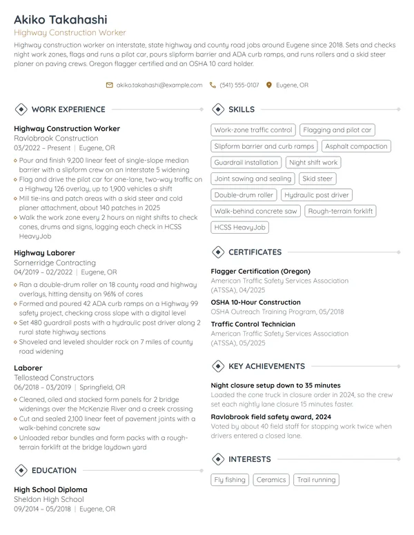 Highway Construction Worker resume example