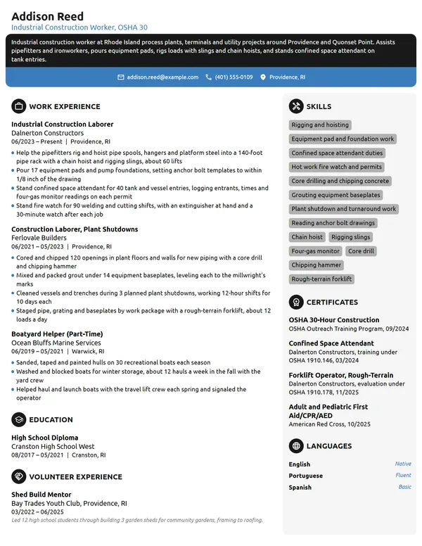 Industrial Construction Worker resume example