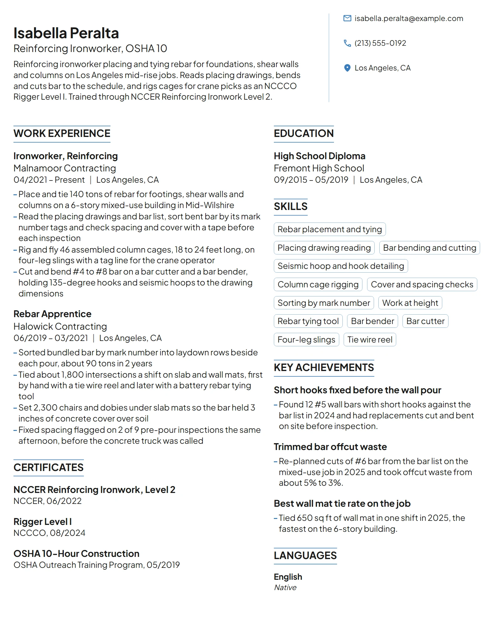 Ironworker resume example