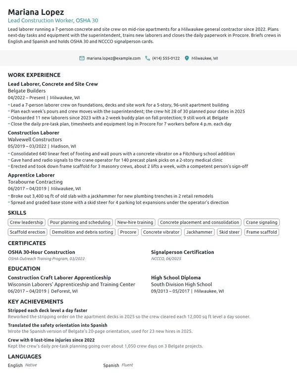 Lead Construction Worker resume example