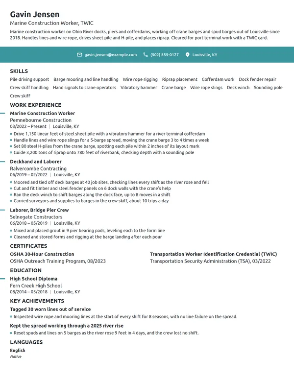 Marine Construction Worker resume example